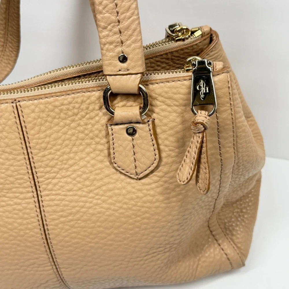 Cole Haan Satchel Beige Pebbled Leather Triple Zip Compartments Medium
